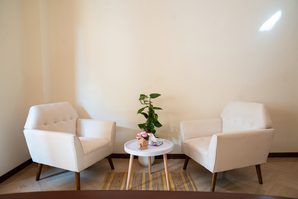 Area colloqui minimalista composta da due poltrone bianche in tessuto disposte ai lati di un tavolino rotondo con una pianta verde e dei fiori, posizionati su un tappeto a righe.